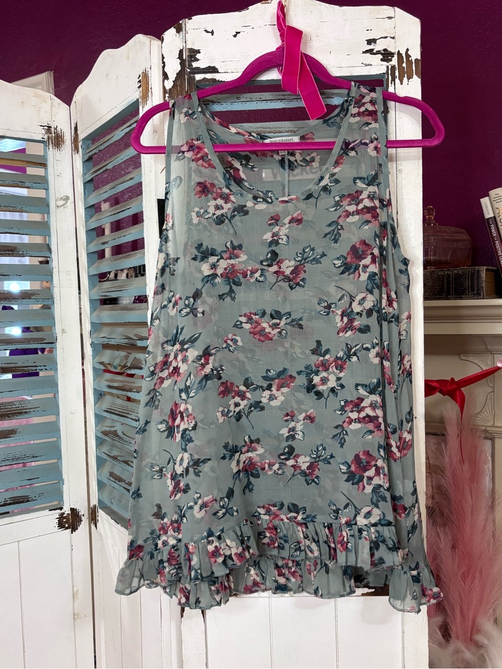 World Market Floral Tank Top S/M Blue Sheer Boho Ruffle Hem Sleeveless Blouse